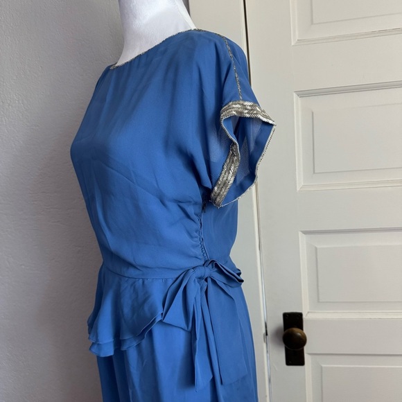 Vintage Norman Berg Blue Peplum Dress w/ Hand Beaded Trim - Picture 7 of 15